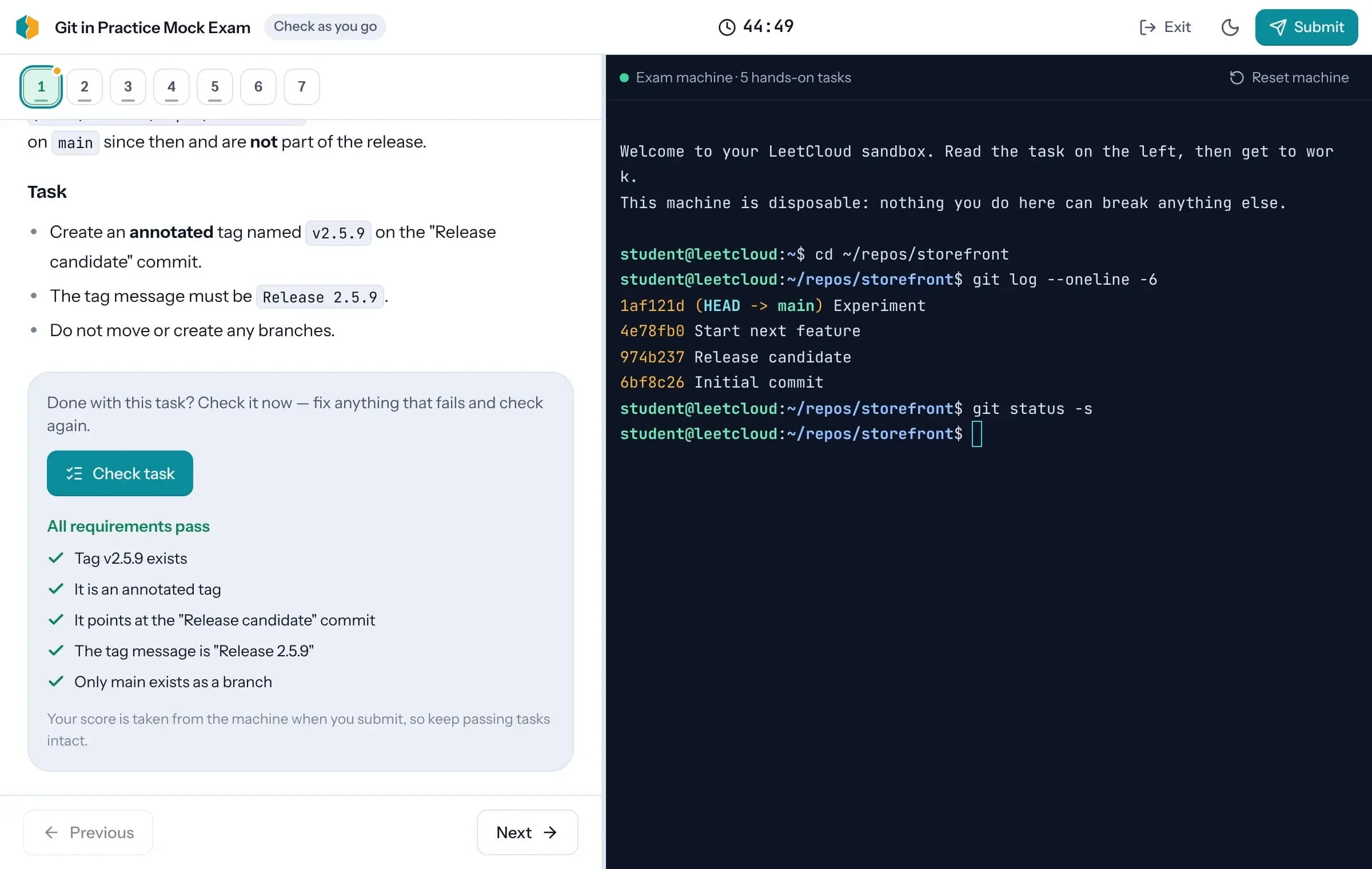 A BrokenCluster mock exam: task navigator, a checked task with every requirement passing, and the shared exam machine
